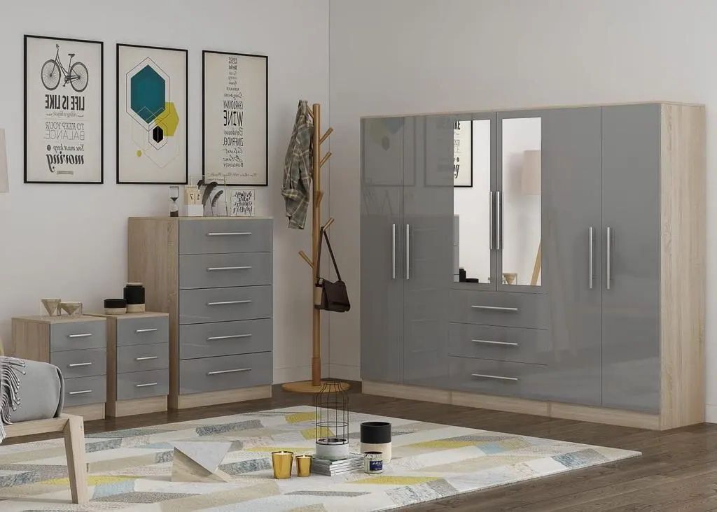 Modern 6 Door Wardrobe 2x Bedside, Chest Bedroom Set Grey/black/white High  Gloss | Ebay With Regard To Black And White Wardrobes Set (Gallery 16 of 20)