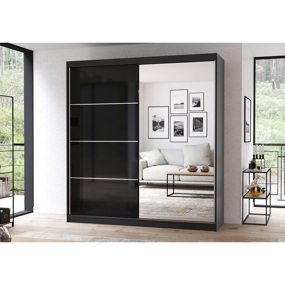 Modern Wardrobes Mu 31 Two Sliding Doors Black Shine And Mirror Free  Delivery | Ebay In Black Wardrobes With Mirror (Gallery 5 of 20)