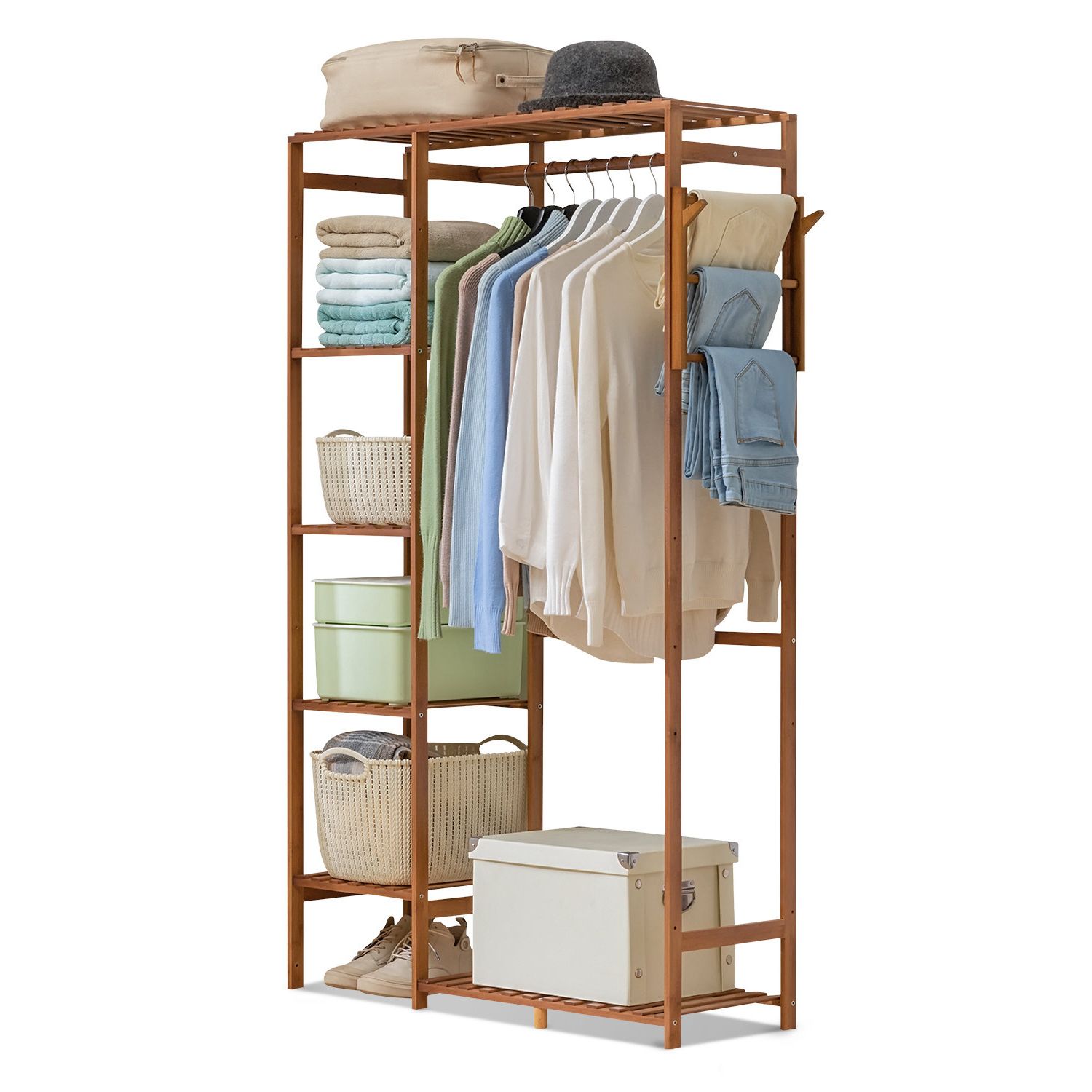 Monibloom 6 Tiers Coat Pants Rack Closet Wardrobe With Hanging Rod, Bamboo  Clothing Stand, For Living Room | Wayfair With Built In Garment Rack Wardrobes (Gallery 7 of 20)