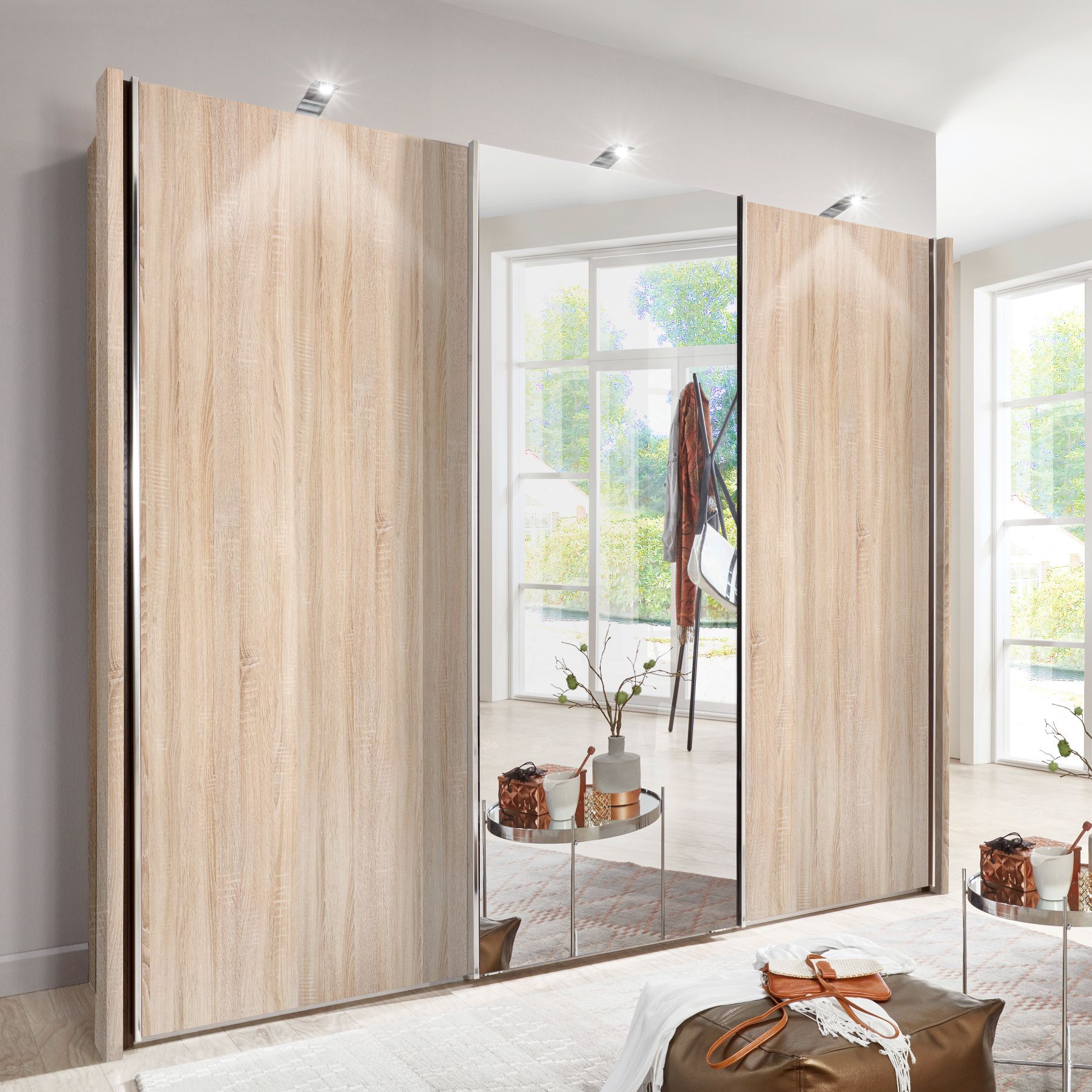 Monroe Plus – 2 Oak Doors & 1 Mirrored Door – 3 Door Sliding Wardrobe –  Semi Fitted Wardrobes – Progressive Furnishings Intended For Three Door Mirrored Wardrobes (View 14 of 20)