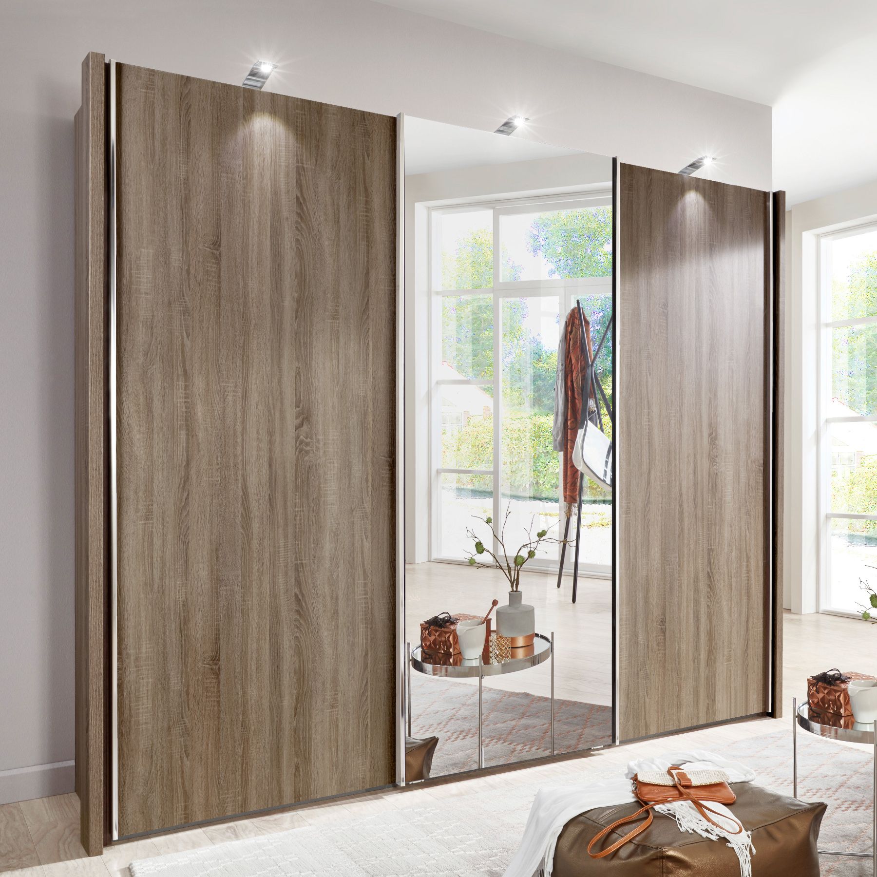 Monroe Plus – 2 Rustic Oak Doors & 1 Mirrored Door – 3 Door Sliding Wardrobe  – Semi Fitted Wardrobes – Progressive Furnishings Intended For Oak Wardrobes For Sale (View 16 of 20)