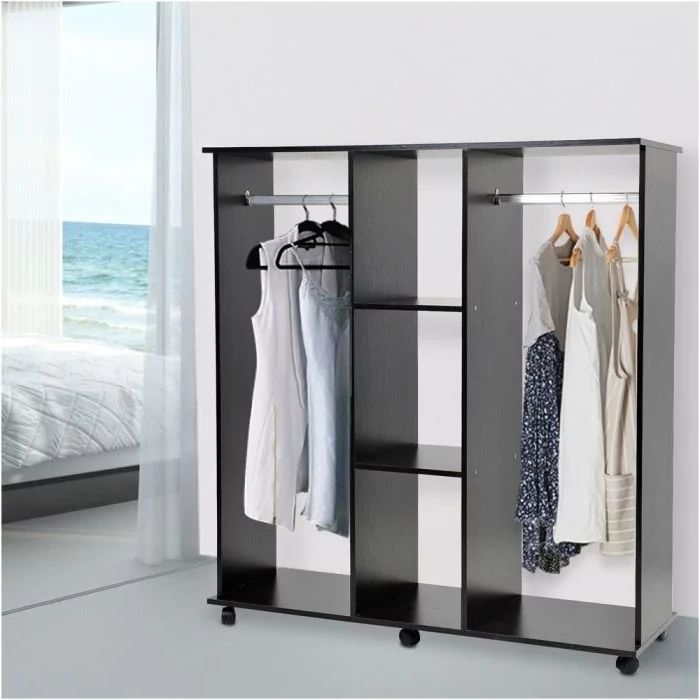 Movable Double Open Wardrobe With 2 Hanging Rails And 3 Tier Cubes Storage  – Black Within Double Black Covered Tidy Rail Wardrobes (View 4 of 20)