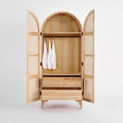Natural Woven Rattan Bedroom Clothing Armoire With Hidden 2 Doors And  Drawers Wardrobe Homary Inside White Rattan Wardrobes (View 7 of 20)