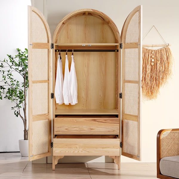 Natural Woven Rattan Bedroom Clothing Armoire With Hidden 2 Doors And  Drawers Wardrobe Homary Within Wicker Armoire Wardrobes (View 6 of 20)