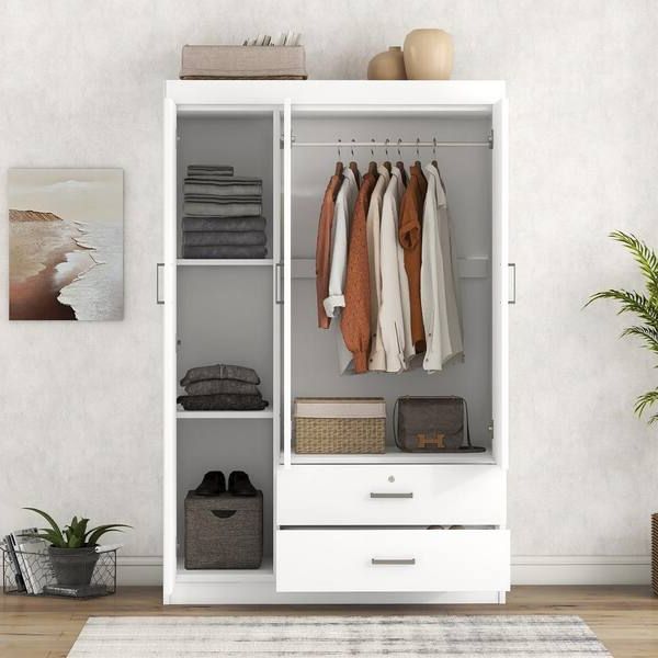 Nestfair 3 Door White Wood 41.3 In. W Wardrobe With 2 Drawers Wr0001k – The  Home Depot For 3 Door Wardrobes With Drawers And Shelves (Gallery 4 of 20)