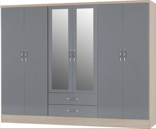 Nevada 6 Door 2 Drawer Mirrored Wardrobe – Grey Gloss/light Oak In 6 Doors Wardrobes (View 16 of 20)