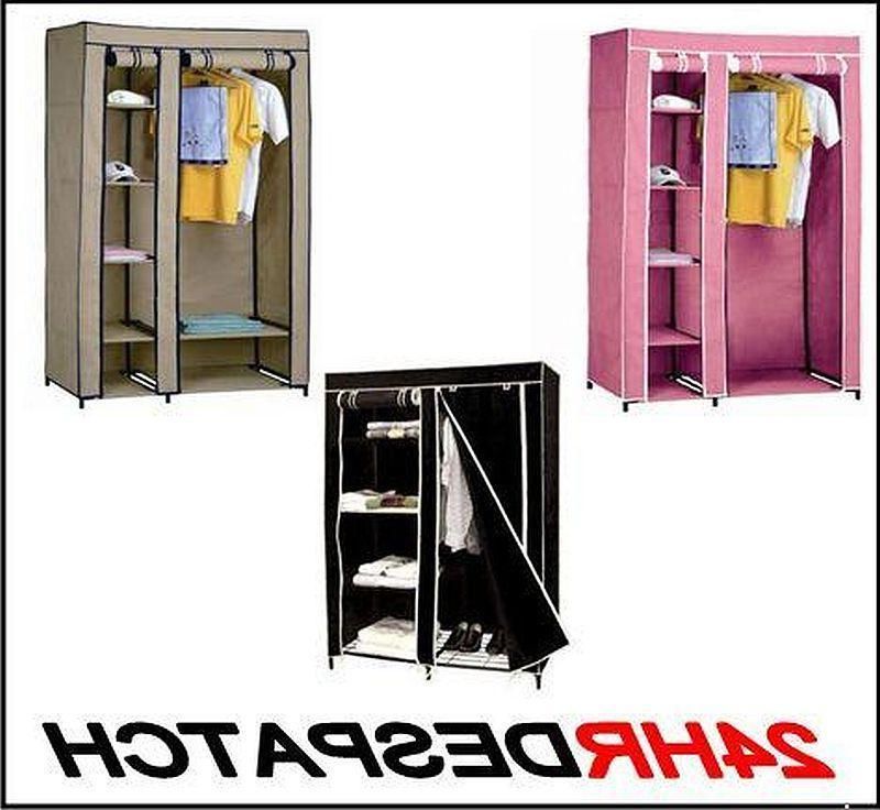 New Black Beige Pink Double Canvas Wardrobe With Hanging Rail Shelves  Storage – Laptronix Throughout Double Black Covered Tidy Rail Wardrobes (View 18 of 20)