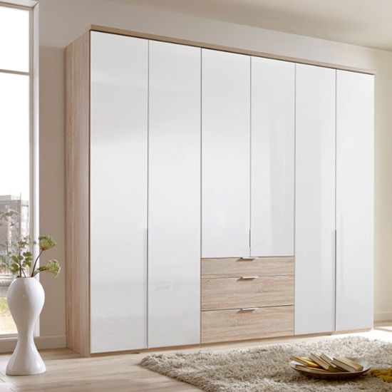 New Xork Tall 6 Door Wooden Wardrobe In High Gloss White And Oak £1,799.95  | Go Furniture.co (View 14 of 20)