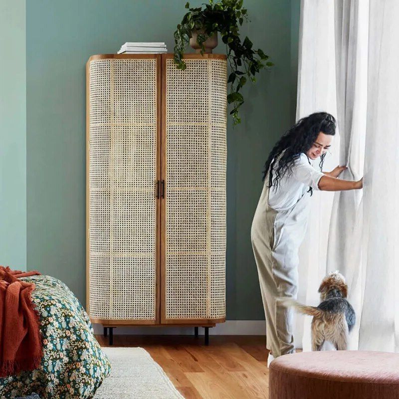 Nordic Solid Wood Rattan Woven Wardrobe,home Bedroom, Retro Storage Cabinet, White Wax Wood Double Door,floor To Ceiling Wardrobe – Aliexpress With Regard To White Rattan Wardrobes (View 18 of 20)