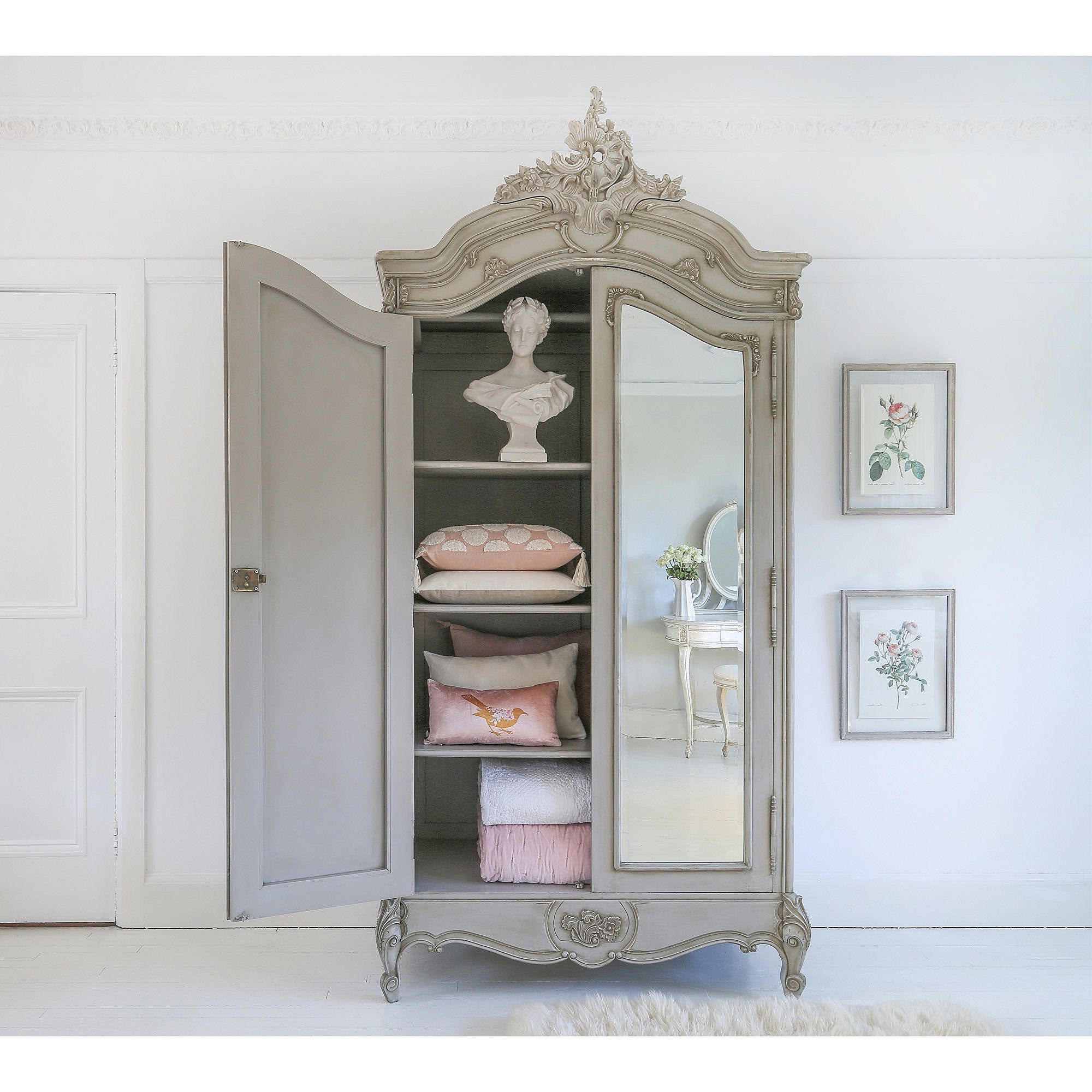 Normandy 2 Door Mirrored French Armoire | Pale Stone Handmade French 2 Door  Armoire With Mirrored Doors With Regard To French Armoire Wardrobes (View 8 of 20)