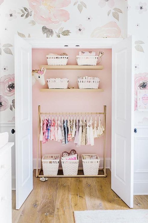 Nursery Closet Painted Pink With Gold Clothes Rail – Transitional – Nursery  – Behr Ultra Pure White With Regard To Double Rail Nursery Wardrobes (View 15 of 20)