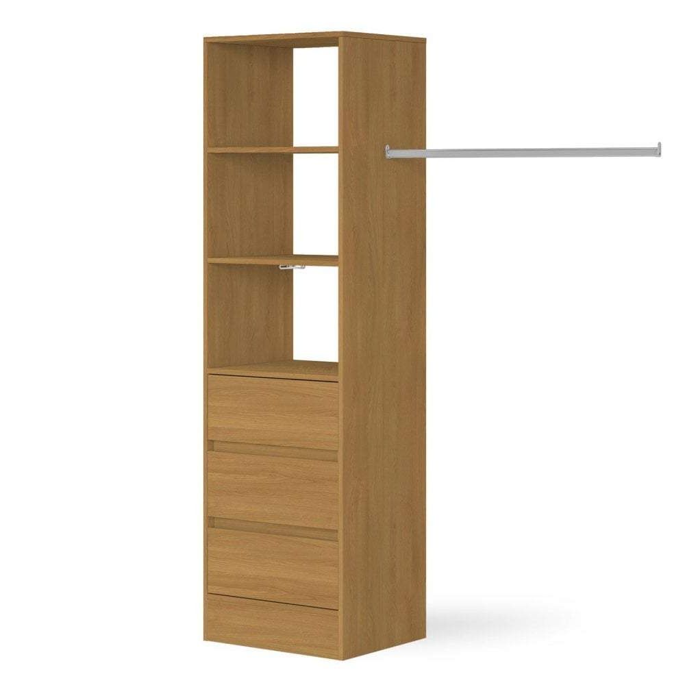 Oak Deluxe 3 Drawer Soft Close Wardrobe Tower Shelving Unit With Hanging  Bars – Interiors Plus Regarding Wardrobes With 3 Shelving Towers (View 8 of 20)