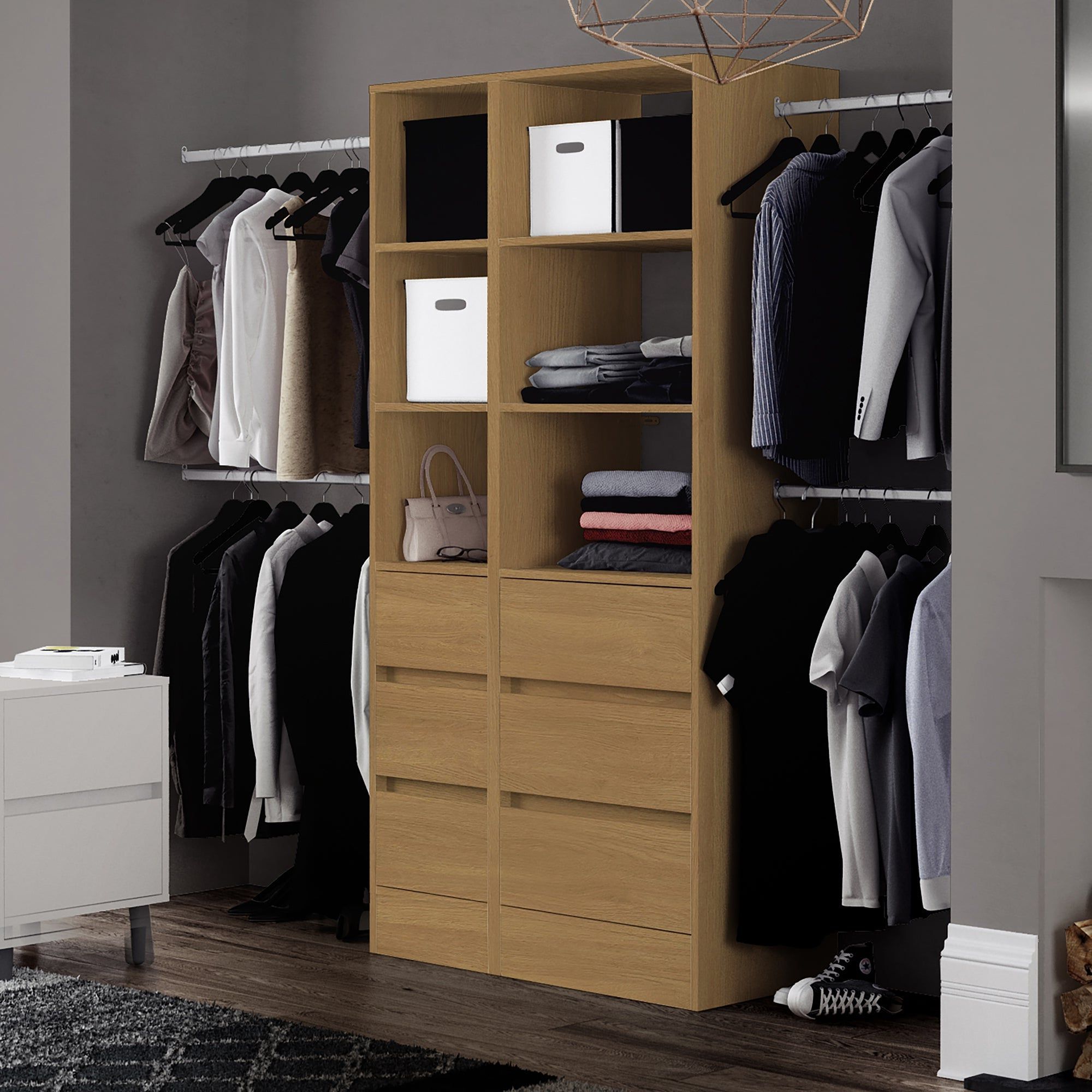 Oak Deluxe 3 Drawer Soft Close Wardrobe Tower Shelving Unit With Hanging  Bars – Interiors Plus With Wardrobes With 3 Shelving Towers (View 2 of 20)