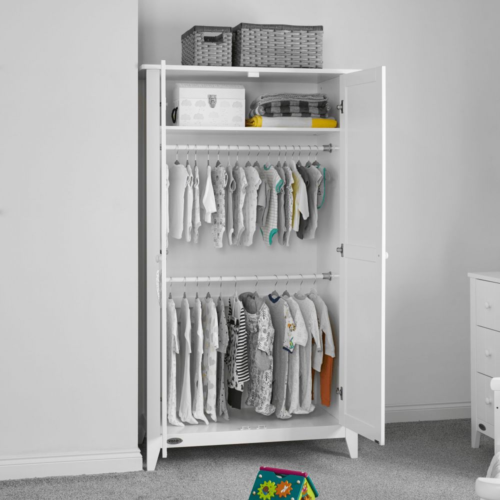 Obaby Belton Double Wardrobe | White | Olivers Babycare With Regard To Double Rail Nursery Wardrobes (Gallery 3 of 20)