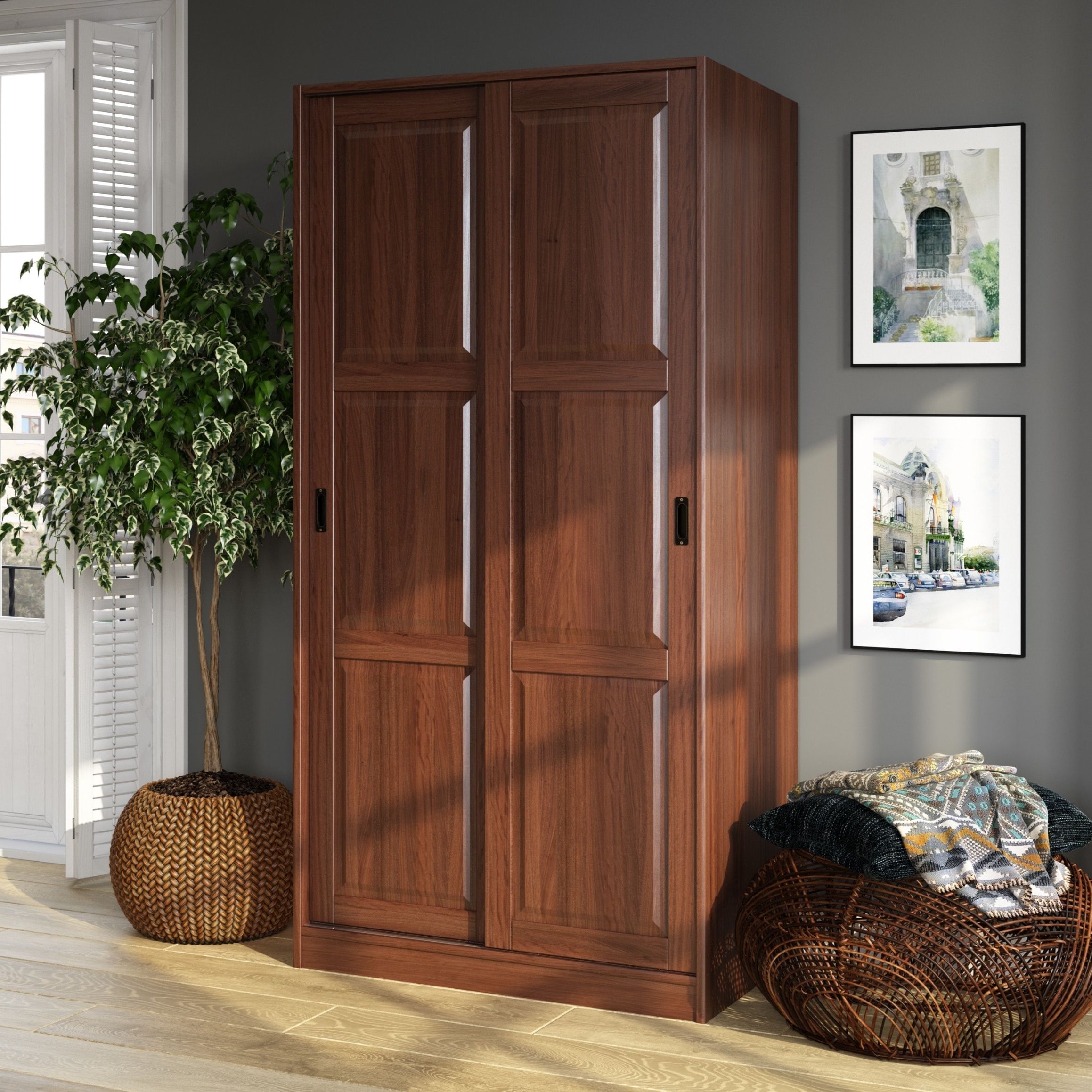 Palace Imports 100% Solid Wood 2 Sliding Door Wardrobe Armoire With  Mirrored, Closed Louvered Or Raised Panel Doors – Bed Bath & Beyond –  20000830 Regarding Cheap Solid Wood Wardrobes (View 13 of 20)