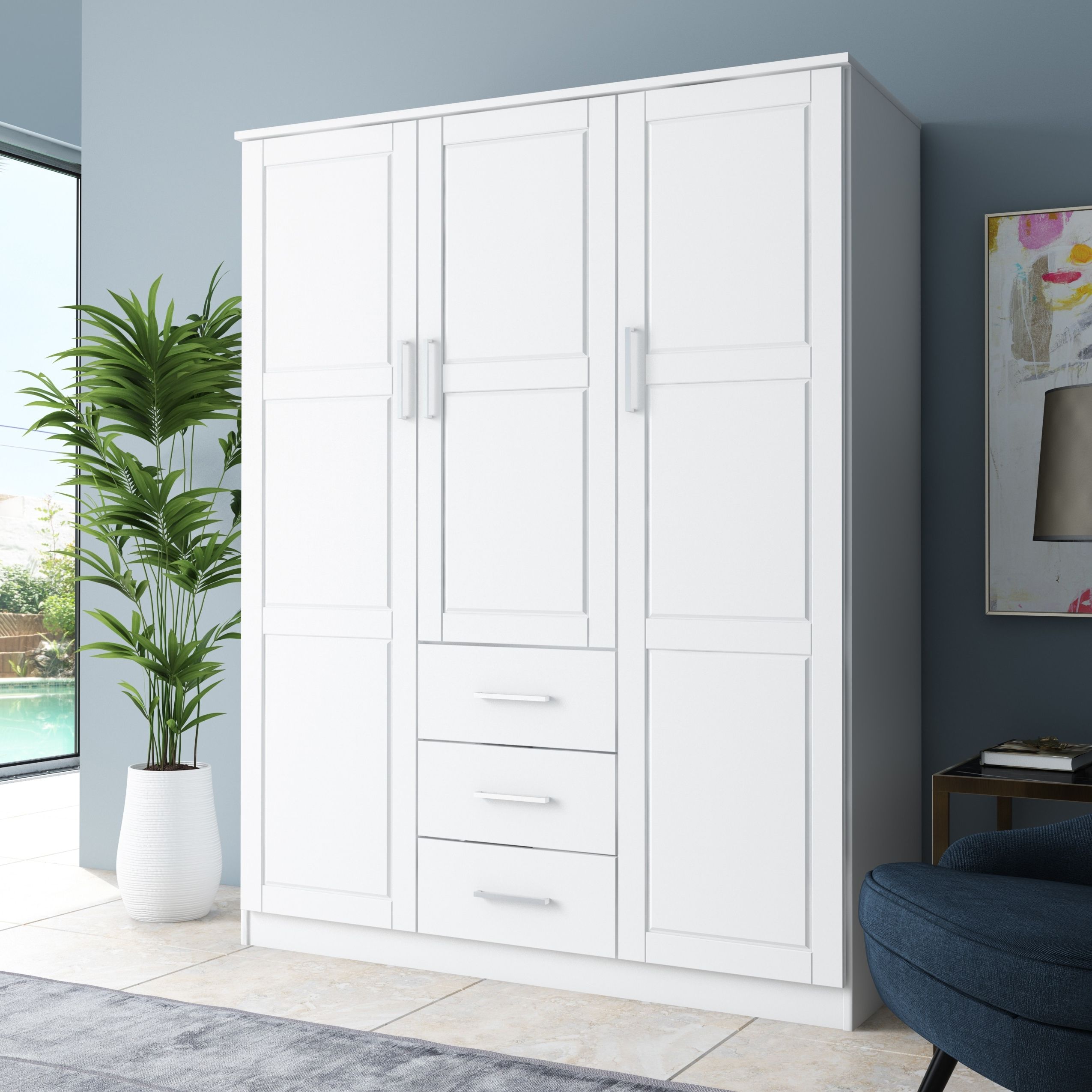 Palace Imports 100% Solid Wood Cosmo 3 Door Wardrobe Armoire With Solid  Wood Or Mirrored Doors – Bed Bath & Beyond – 27120317 Intended For Grey Wardrobes (View 10 of 20)