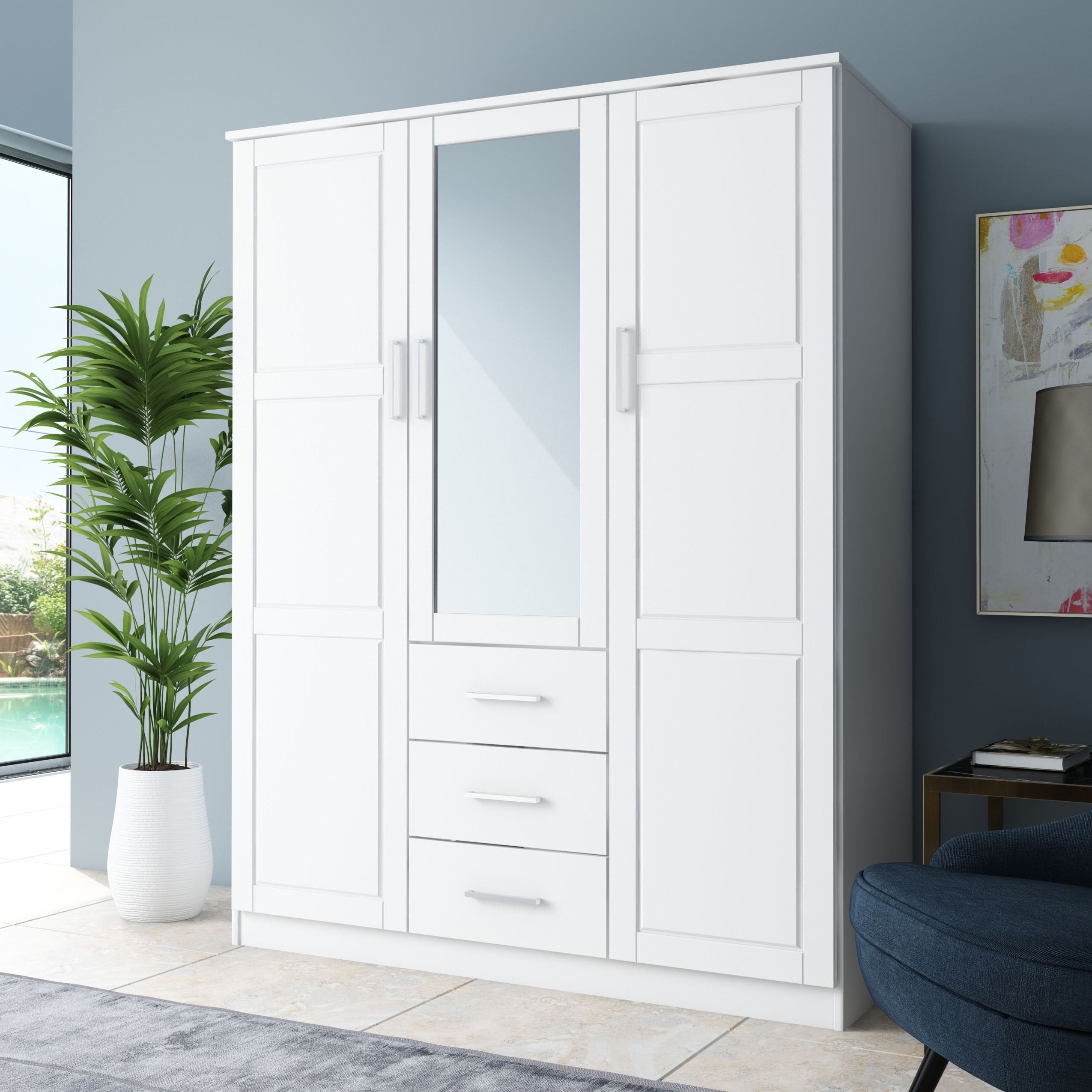 Palace Imports 100% Solid Wood Cosmo 3 Door Wardrobe Armoire With Solid  Wood Or Mirrored Doors – Bed Bath & Beyond – 27120317 With Regard To 3 Door Mirrored Wardrobes (View 16 of 20)