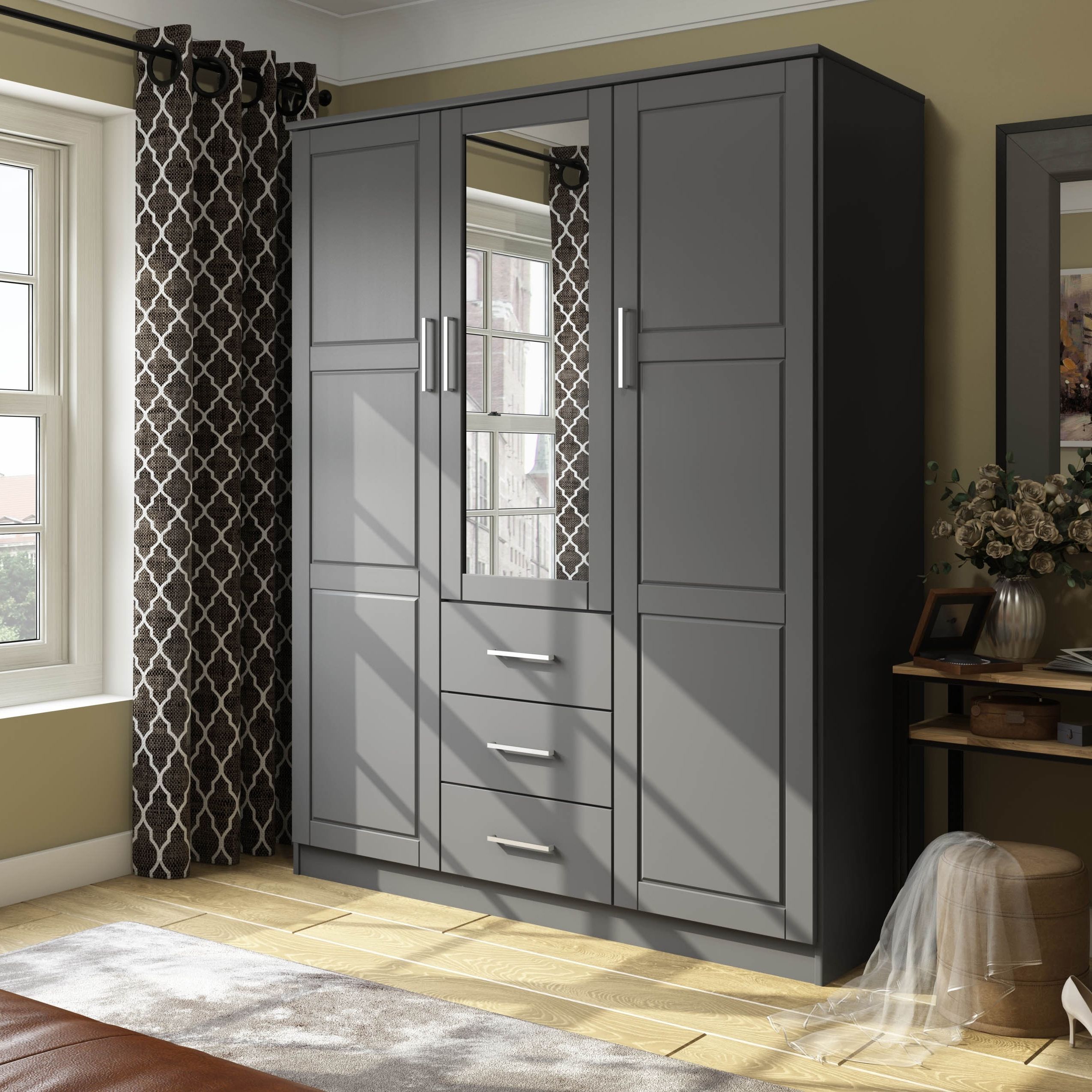 Palace Imports 100% Solid Wood Cosmo 3 Door Wardrobe Armoire With Solid  Wood Or Mirrored Doors – Bed Bath & Beyond – 27120317 With Regard To 3 Door Wardrobes With Drawers And Shelves (Gallery 7 of 20)