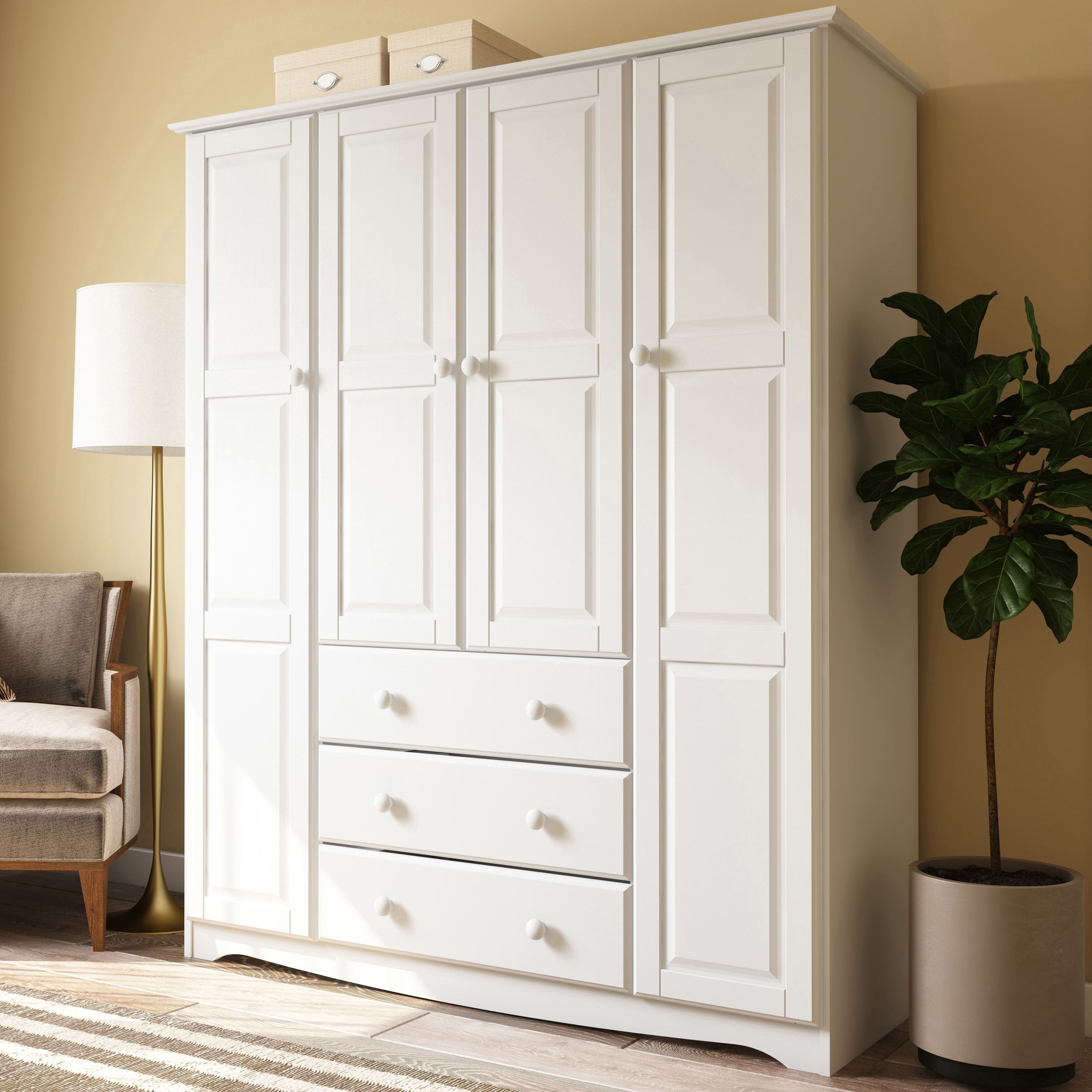 Palace Imports 100% Solid Wood Family 4 Door Wardrobe Armoire With Metal Or  Wooden Knobs – On Sale – Bed Bath & Beyond – 19897094 Pertaining To Solid Wood Fitted Wardrobes Doors (View 3 of 20)