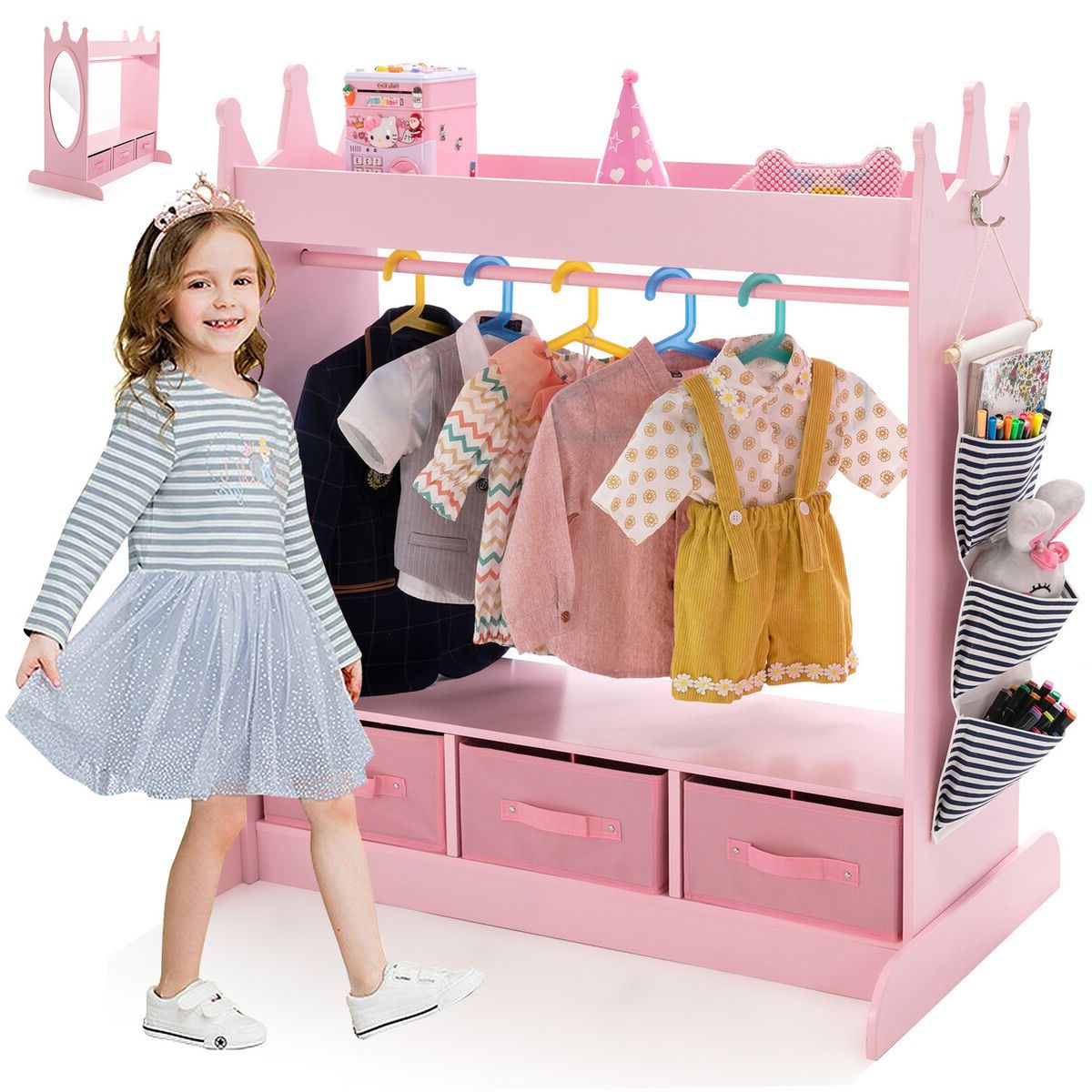 Pink Kids Girl Wood Dress Up Armoire Storage Closet Wardrobe  W/mirror,drawer,bag | Ebay For Kids Dress Up Wardrobes Closet (View 12 of 20)