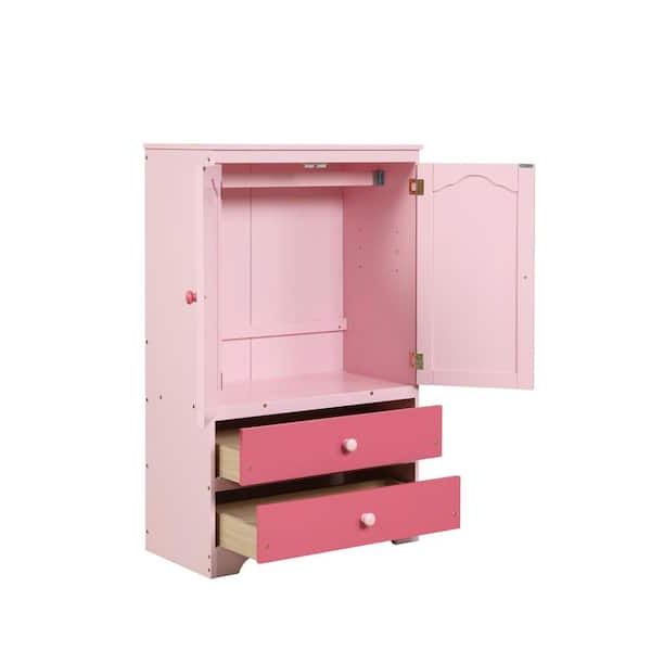 Pink Wooden Side Cabinet 2 Doors And 2 Drawers Utility Door Cabinet With  Clothes Rail Wardrobe(51.02 X 15.98 X  (View 13 of 20)