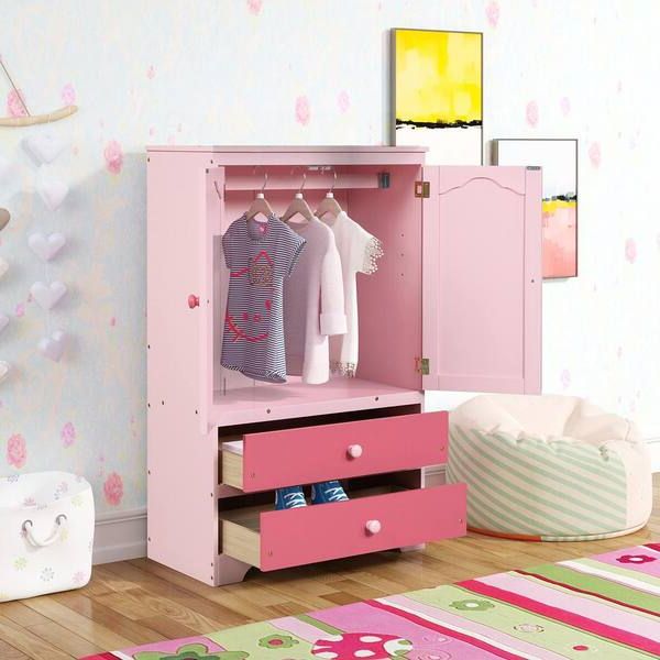 Pink Wooden Side Cabinet 2 Doors And 2 Drawers Utility Door Cabinet With  Clothes Rail Wardrobe(51.02 X 15.98 X  (View 9 of 20)