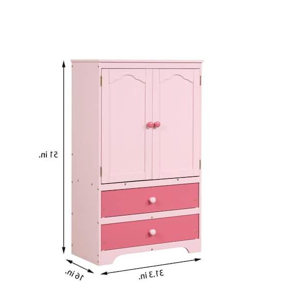 Pink Wooden Side Cabinet 2 Doors And 2 Drawers Utility Door Cabinet With  Clothes Rail Wardrobe(51.02 X 15.98 X 31.3) Ec Scp 753 – The Home Depot With Regard To Double Rail Childrens Wardrobes (Gallery 18 of 20)
