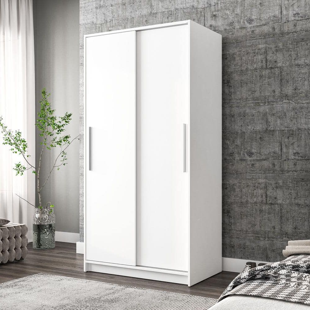 Polifurniture Denmark White Engineered Wood 36 In. Wardrobe With 2 Sliding  Doors 402300920001 – The Home Depot Inside 2 Sliding Door Wardrobes (Gallery 13 of 20)