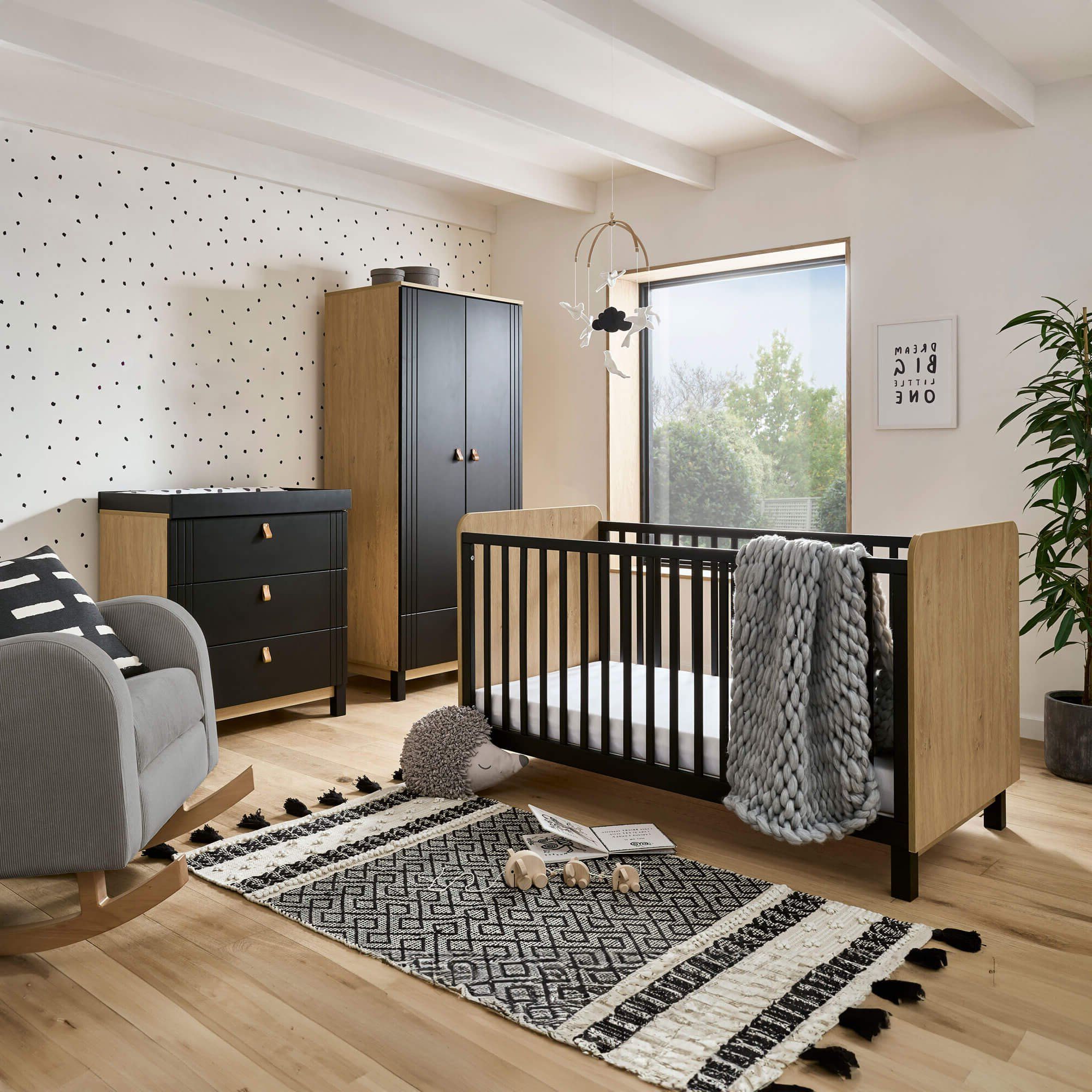Rafi Oak & Black 3 Piece Dresser Cot Bed & Wardrobe Nursery Set Regarding Nursery Wardrobes (View 15 of 20)