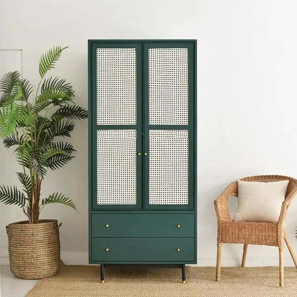 Ratta Green Wardrobe Closet Rattan Armoire Clothes Cabinet With 2 Drawers &  2 Doors Homary With Rattan Wardrobes (Gallery 10 of 20)