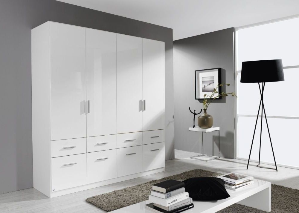 Rauch Celle 4 Door 8 Drawer Combi Wardrobe In Alpine White And High Gloss  White  181cm Wide – Allans Furniture & Flooring Warehouse Regarding Combi Wardrobes (View 10 of 20)