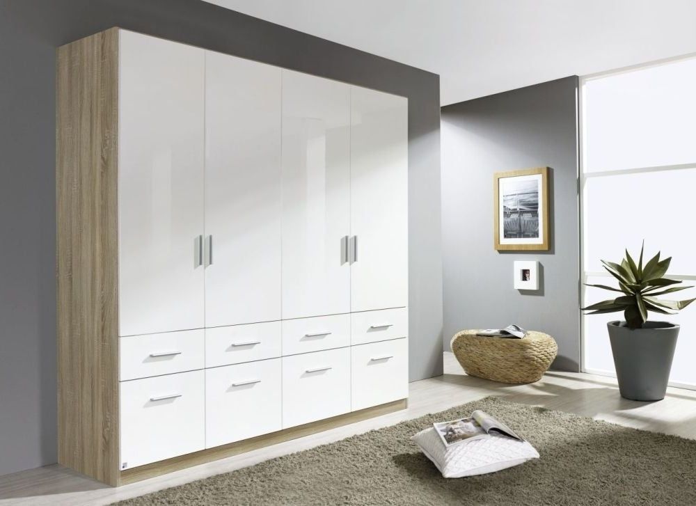 Rauch Celle 4 Door 8 Drawer Combi Wardrobe In Sonoma Oak And High Gloss  White  181cm Wide – Allans Furniture & Flooring Warehouse Within High Gloss Doors Wardrobes (View 14 of 20)