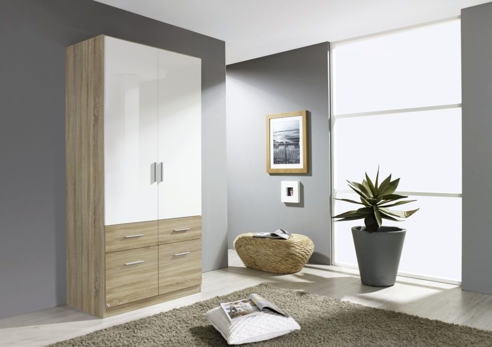 Rauch Celle Extra Alpine White, High Gloss Sand Grey Wardrobe W 136cm Intended For White High Gloss Wardrobes (Gallery 17 of 20)