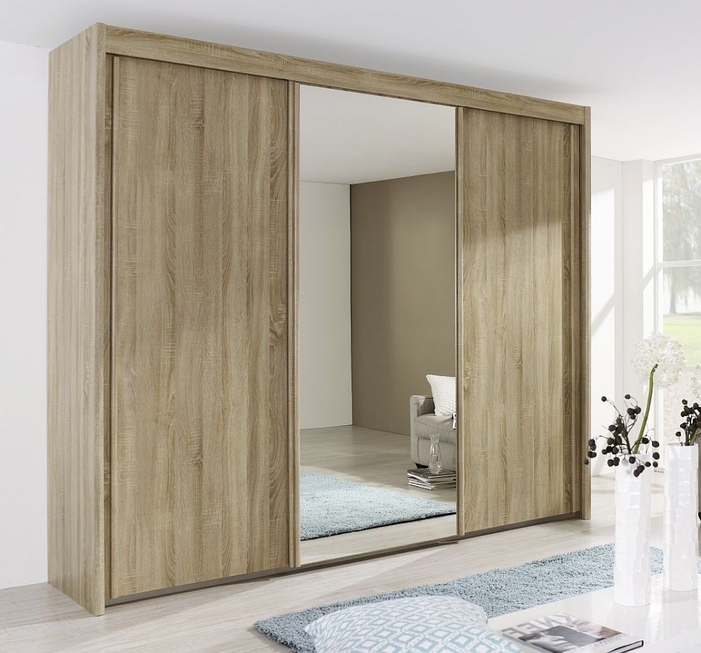 Rauch Imperial 3 Door Mirror Sliding Wardrobe In Sonoma Oak – W 280cm – Cfs  Furniture Uk With Regard To 3 Doors Wardrobes With Mirror (Gallery 7 of 20)