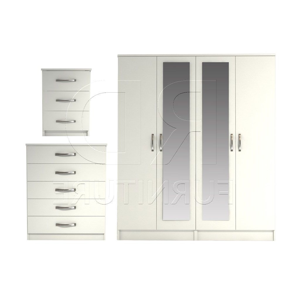 Ready Assembled 3 Pcs Classic 4 Door Double Mirrored Wardrobe, Chest And  Bedside Set White – Rd Furniture With Regard To 4 Door Wardrobes With Mirror And Drawers (Gallery 18 of 20)