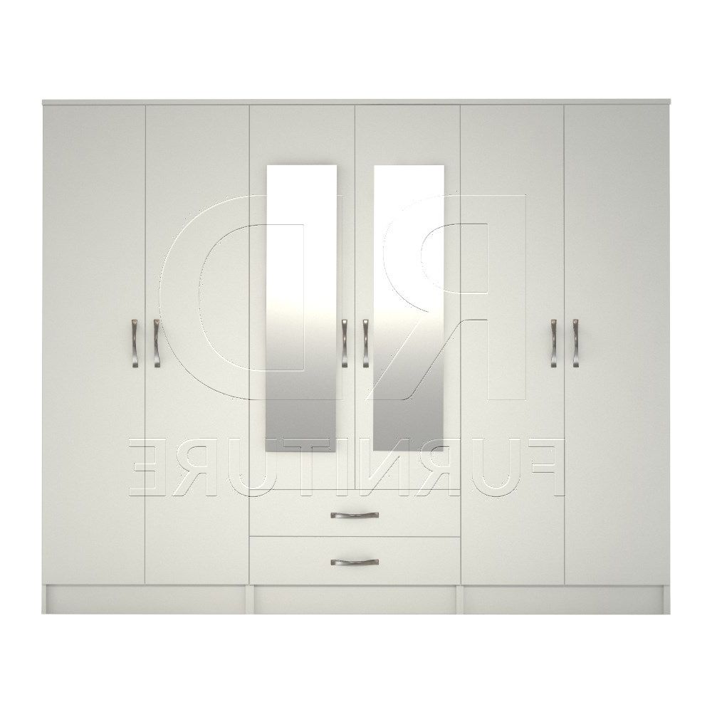 Ready Assembled Classic 6 Door Mirrored Wardrobe White – Rd Furniture Inside 6 Doors Wardrobes (Gallery 6 of 20)