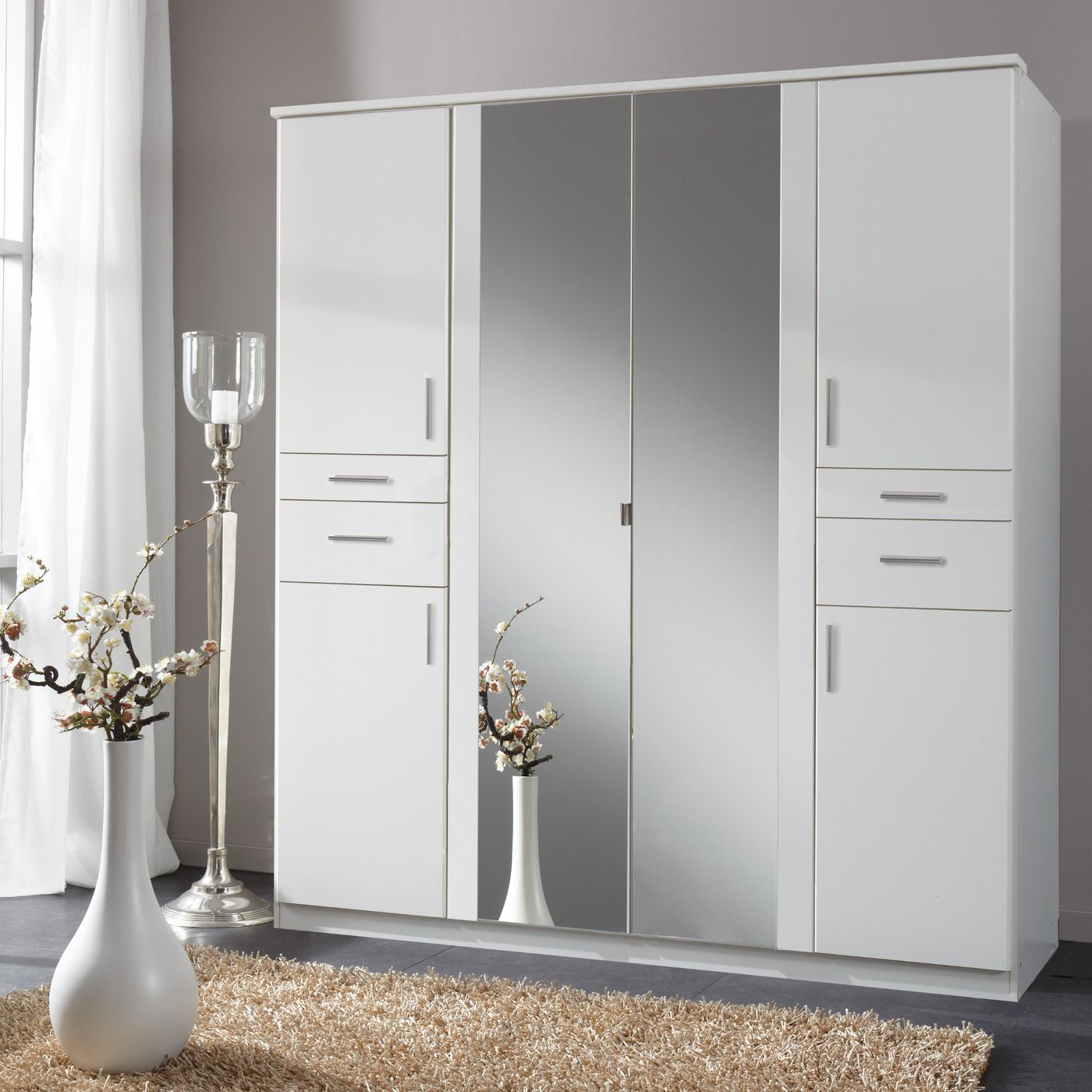 Rivera White Wardrobe 4 Doors & 4 Drawers And 2 Mirrors Throughout 4 Door White Wardrobes (Gallery 4 of 20)