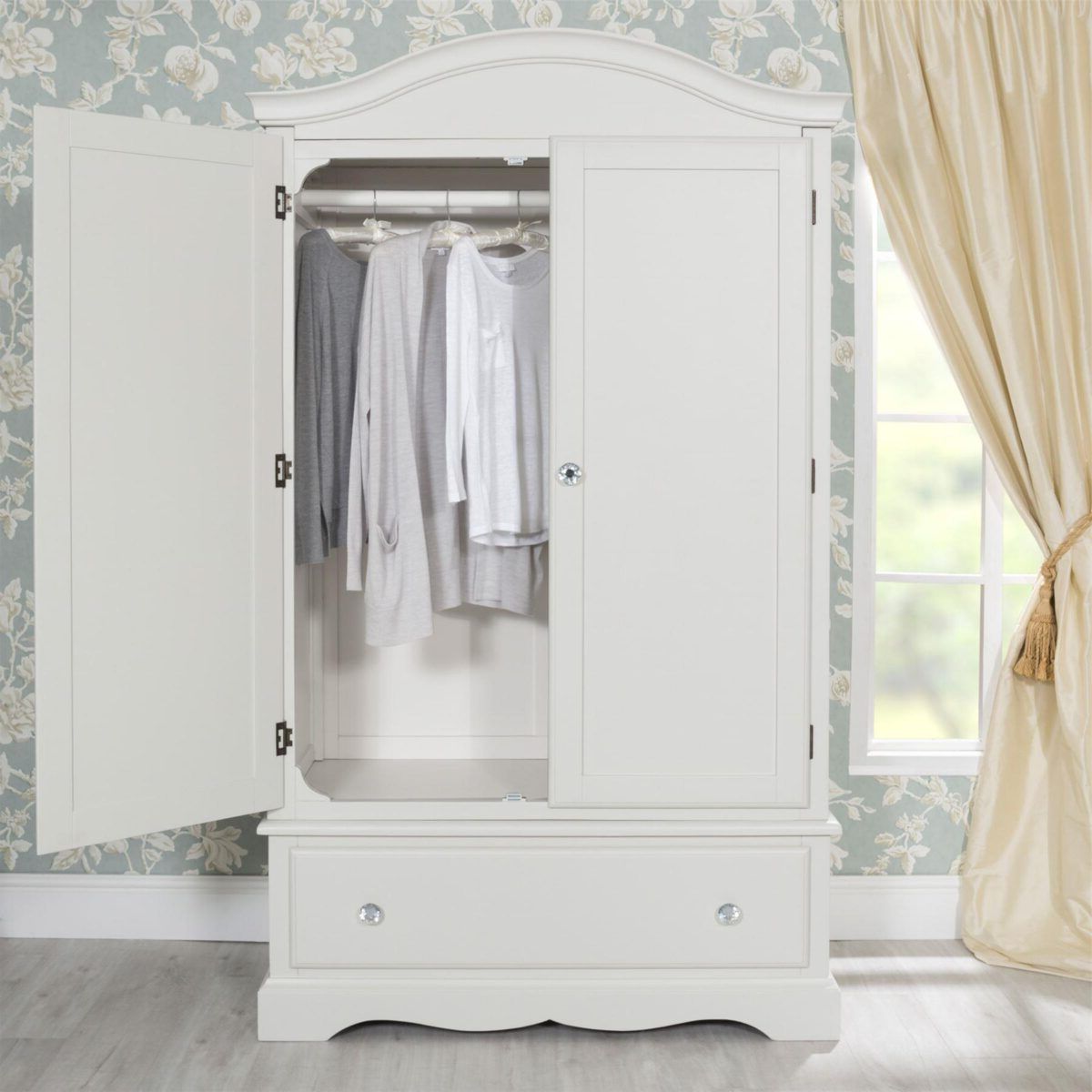 Romance Antique White Wardrobe With Deep Drawer With Crystal Handles |  Furniture.co (View 12 of 20)