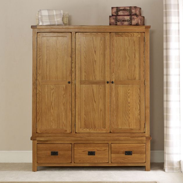 Rustic Oak Triple Wardrobe 3 Door 3 Drawer Wardrobe | The Furniture Market Intended For Wardrobes With 3 Drawers (View 4 of 20)