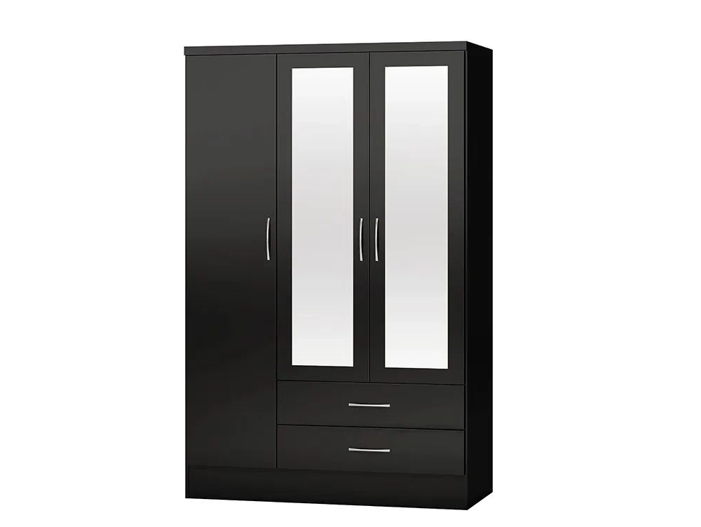 Seconique Nevada Black High Gloss 3 Door 2 Drawer Mirrored Wardrobe Throughout Cheap Black Gloss Wardrobes (View 17 of 20)