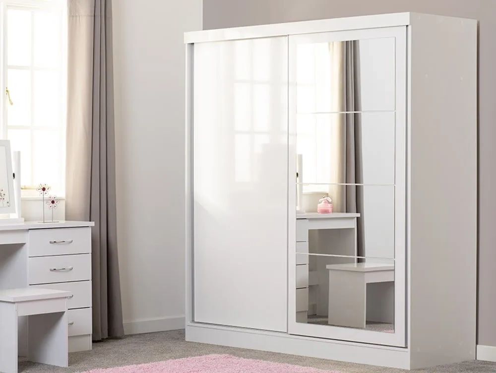 Seconique Nevada White High Gloss Sliding Mirrored Wardrobe With Regard To White High Gloss Sliding Wardrobes (View 6 of 17)