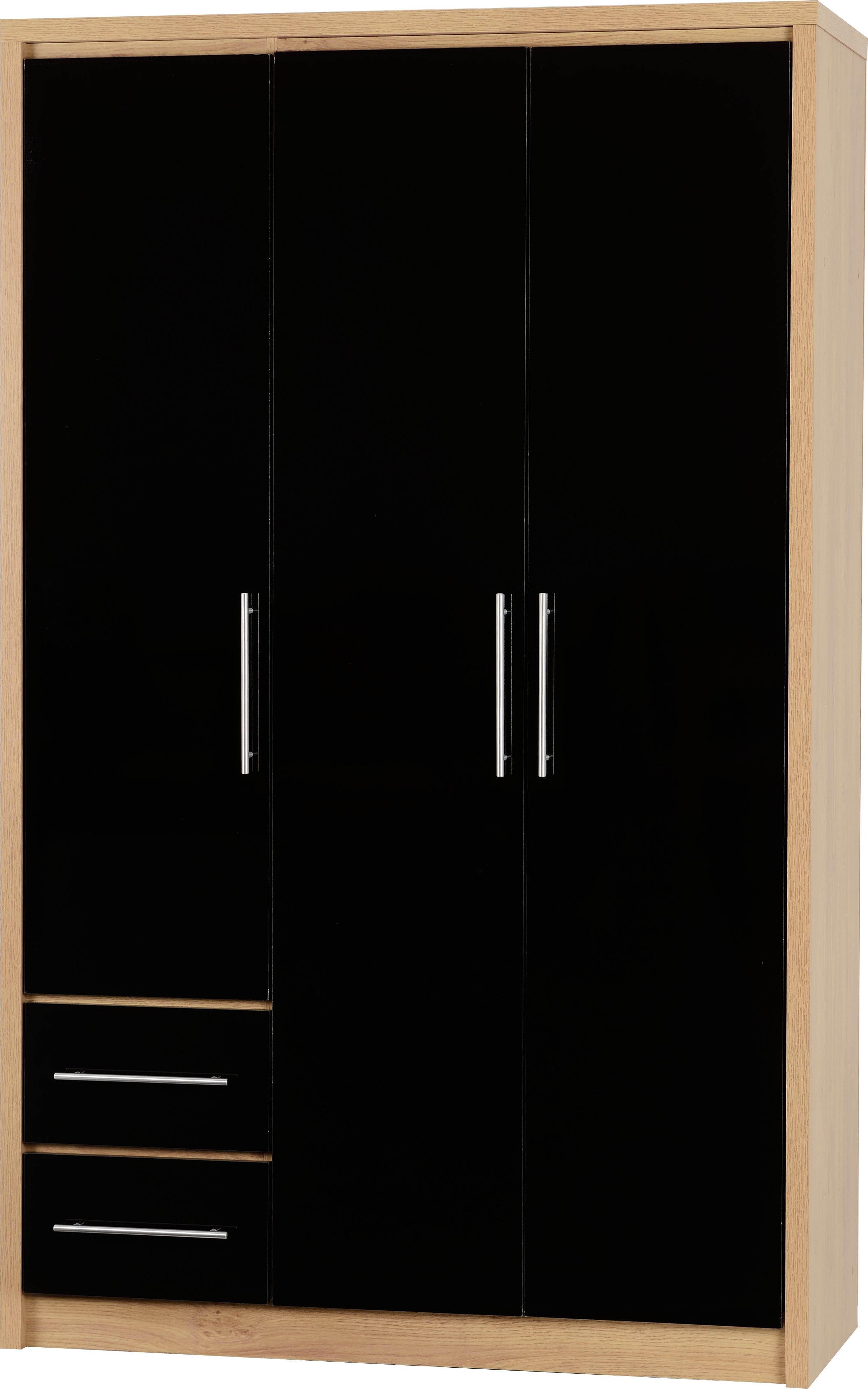 Seville 3 Door 2 Drawer Wardrobe – Light Oak Effect Veneer/black High Gloss Within Black Gloss 3 Door Wardrobes (View 10 of 20)