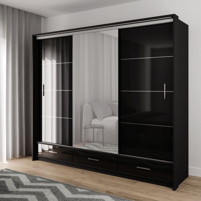 Sliding Door Wardrobe Marsylia 255 Black | Dako Furniture | Dako Furniture Intended For Black Wardrobes (View 6 of 20)