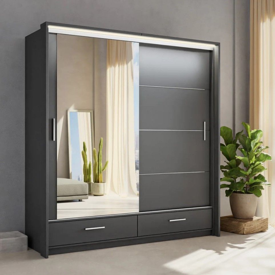 Sliding Wardrobe Lenox 208cm Graphite Grey Matt & Mirror Throughout Wardrobes With Mirror And Drawers (View 5 of 20)