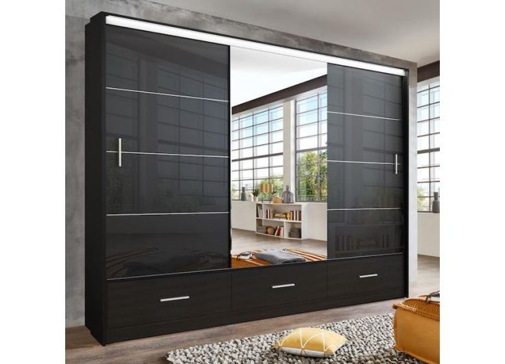 Sliding Wardrobe Lenox 255cm Black Gloss & Mirror In Dark Wood Wardrobes With Mirror (View 5 of 20)