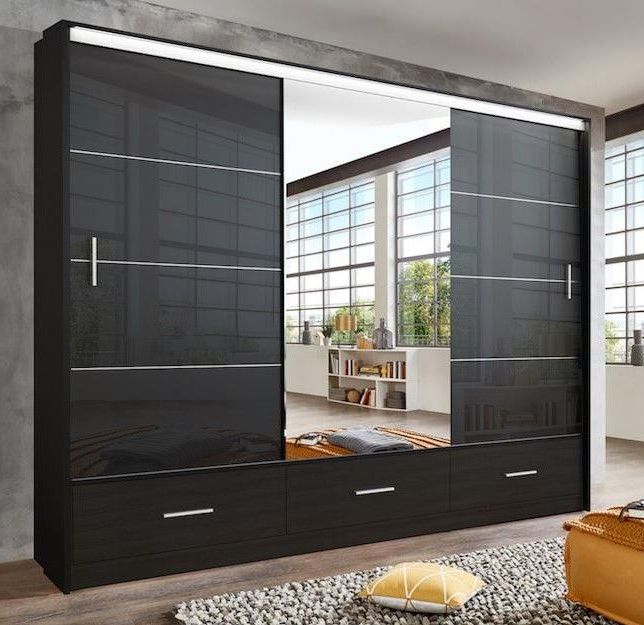 Sliding Wardrobe Lenox 255cm Black Gloss & Mirror Intended For Dark Wood Wardrobes With Mirror (View 3 of 20)