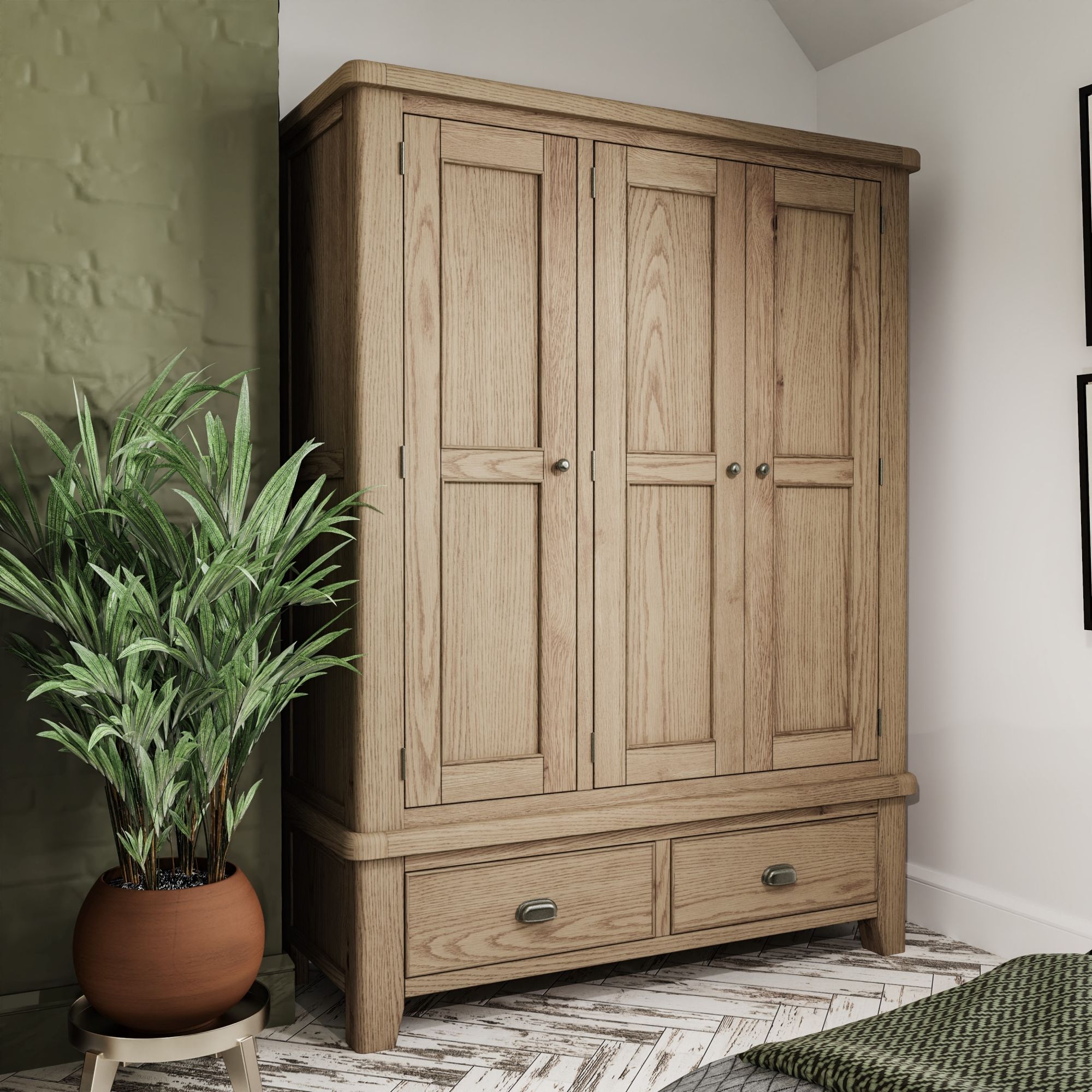 Smoked Oak 3 Door Wardrobe With 2 Drawers – Furniture World Intended For Oak Wardrobes With Drawers And Shelves (View 10 of 20)