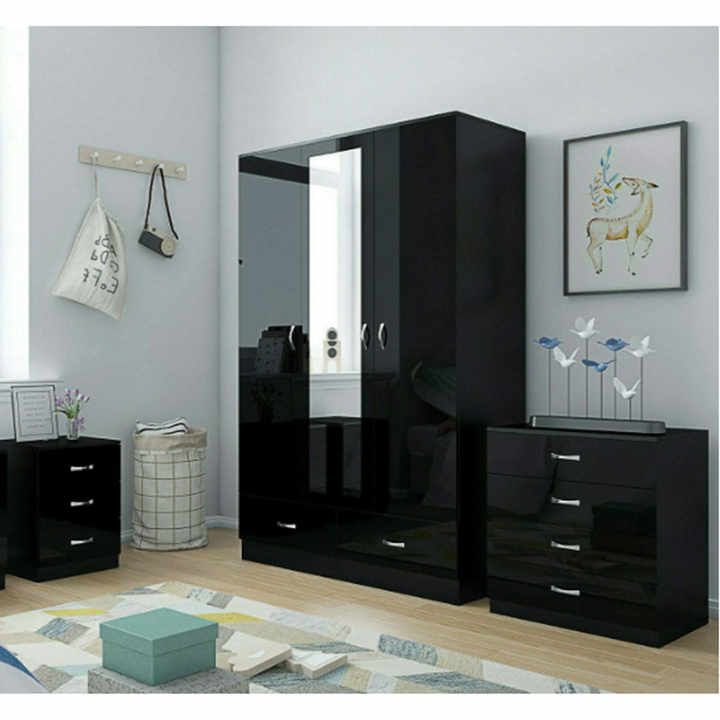 Source Black High Gloss Bedroom Furniture  3 Door Mirrored Soft Close  Wardrobe, Chest & Bedside On M (View 9 of 14)