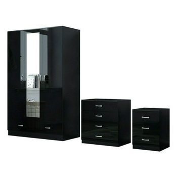 Source Black High Gloss Bedroom Furniture  3 Door Mirrored Soft Close  Wardrobe, Chest & Bedside On M (View 12 of 20)