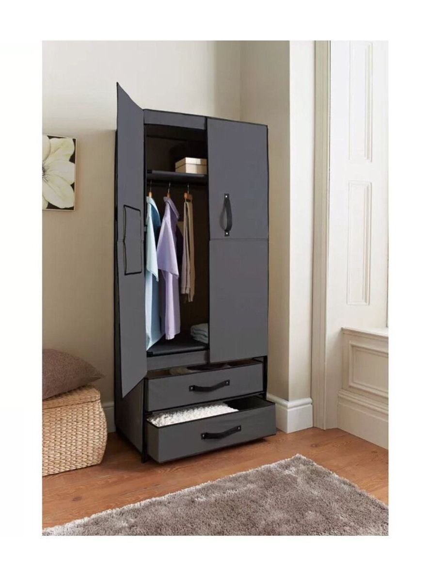 Space Saving Deluxe Double Canvas Wardrobe Black Easy Self Assembly  84876157 | Ebay Pertaining To Double Canvas Wardrobes (View 4 of 20)